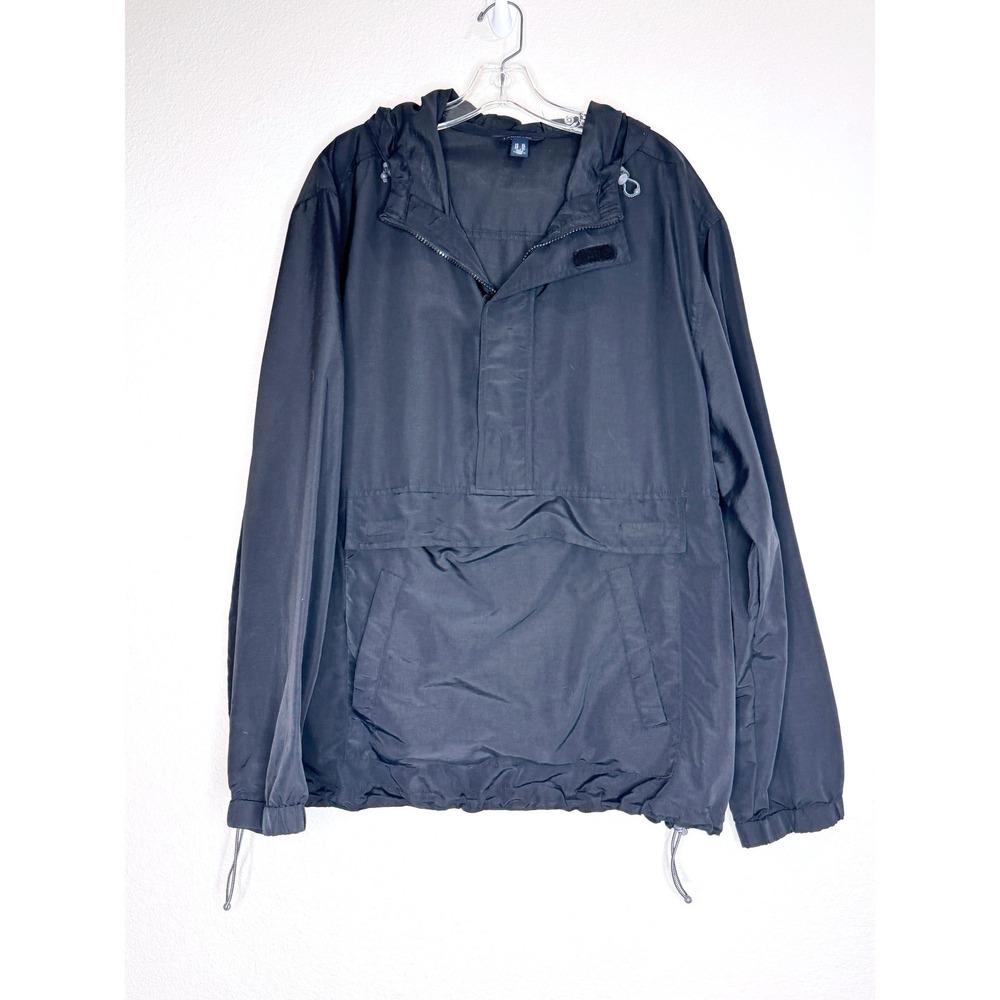 LANDS END Men‎ Anorak 1/2 Zip Popover Rain Jacket XL Black Pockets Nylon Hood